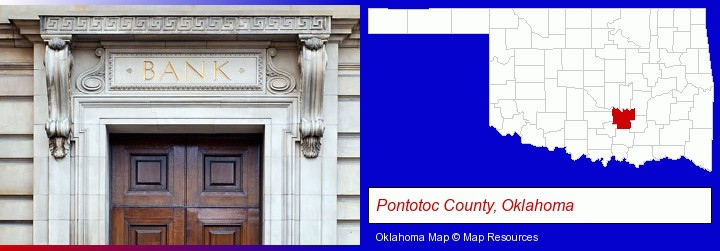 a bank building; Pontotoc County, Oklahoma highlighted in red on a map