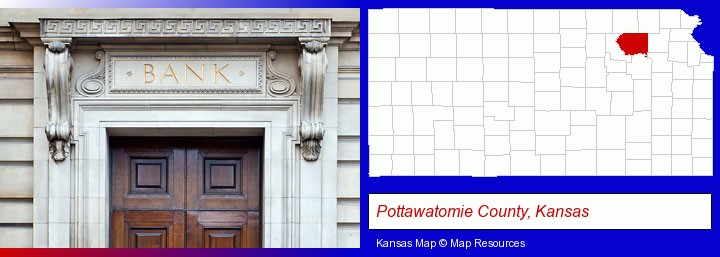 a bank building; Pottawatomie County, Kansas highlighted in red on a map