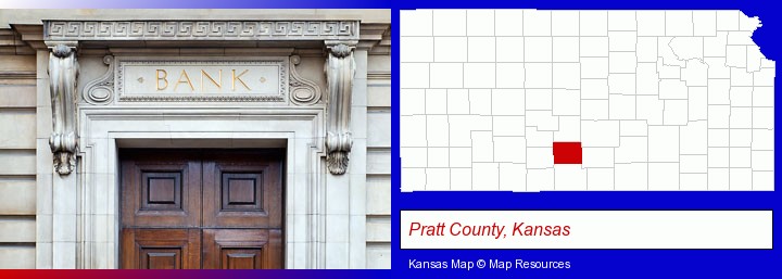 a bank building; Pratt County, Kansas highlighted in red on a map