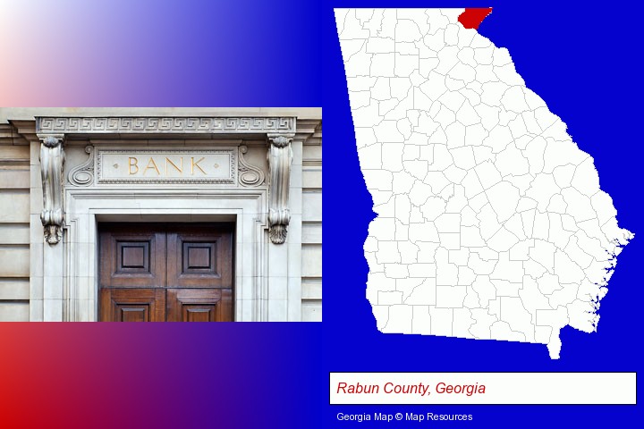 a bank building; Rabun County, Georgia highlighted in red on a map