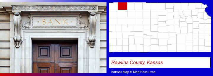 a bank building; Rawlins County, Kansas highlighted in red on a map