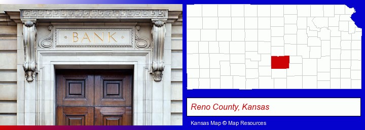 a bank building; Reno County, Kansas highlighted in red on a map