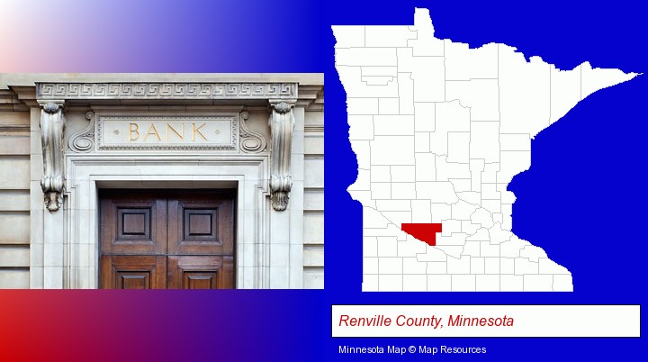 a bank building; Renville County, Minnesota highlighted in red on a map