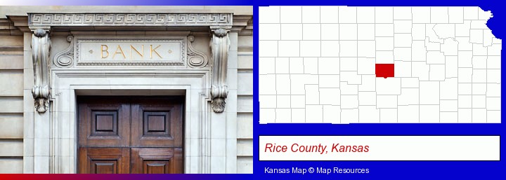 a bank building; Rice County, Kansas highlighted in red on a map