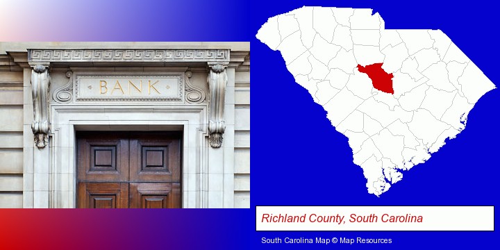 a bank building; Richland County, South Carolina highlighted in red on a map