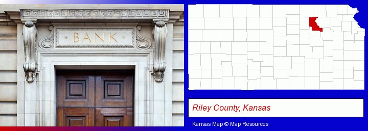 a bank building; Riley County, Kansas highlighted in red on a map