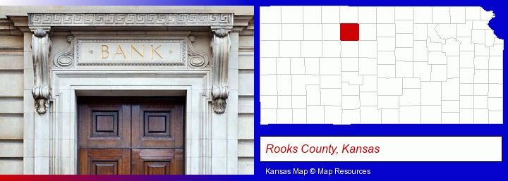 a bank building; Rooks County, Kansas highlighted in red on a map