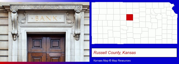 a bank building; Russell County, Kansas highlighted in red on a map