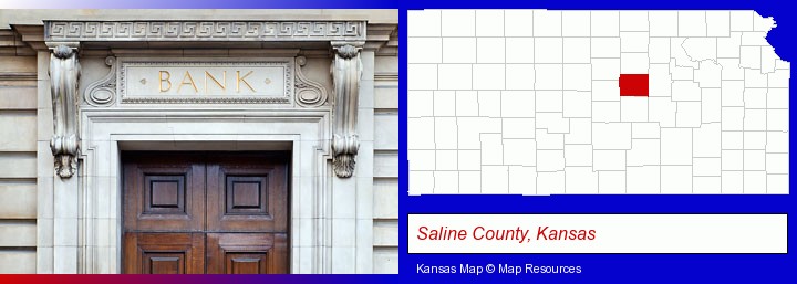 a bank building; Saline County, Kansas highlighted in red on a map
