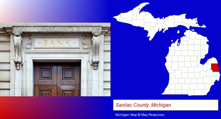 a bank building; Sanilac County, Michigan highlighted in red on a map