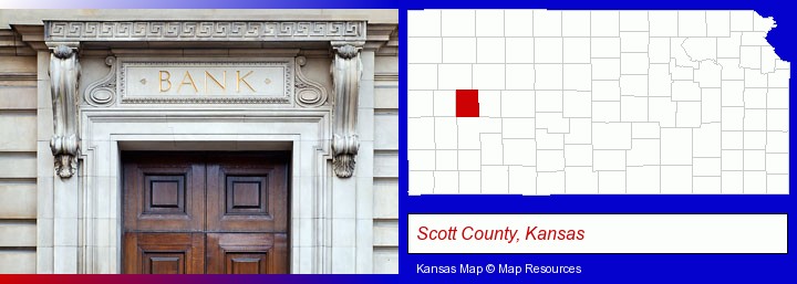a bank building; Scott County, Kansas highlighted in red on a map
