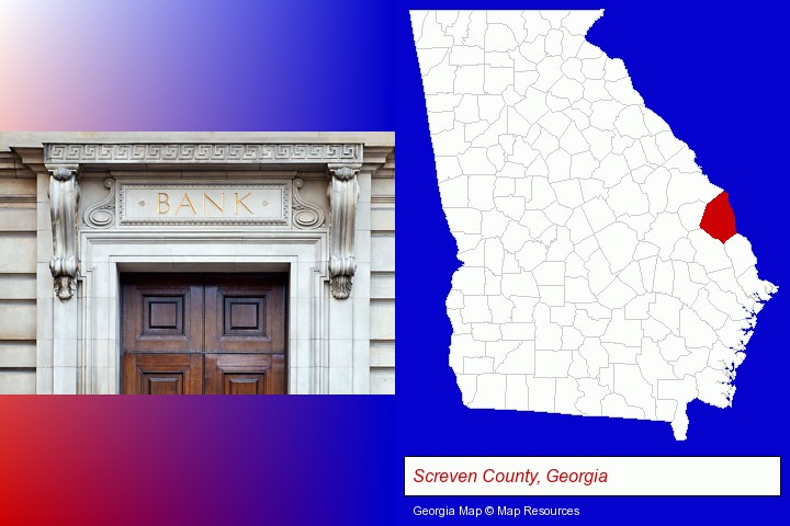 a bank building; Screven County, Georgia highlighted in red on a map