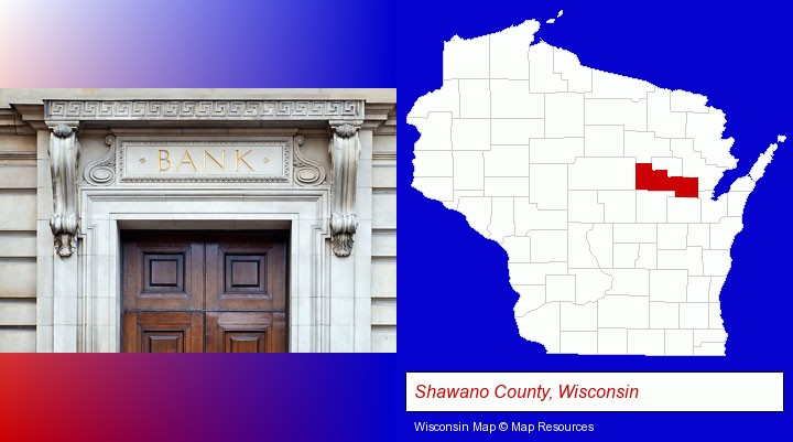 a bank building; Shawano County, Wisconsin highlighted in red on a map