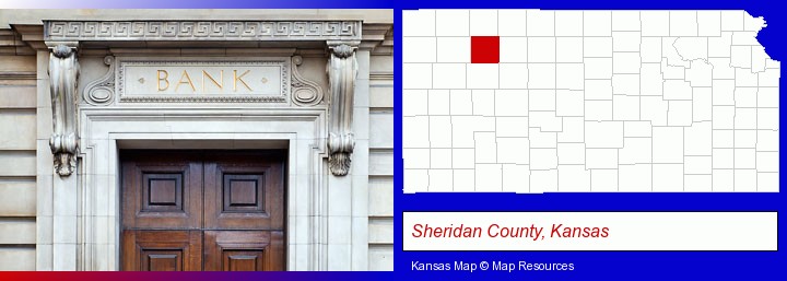 a bank building; Sheridan County, Kansas highlighted in red on a map