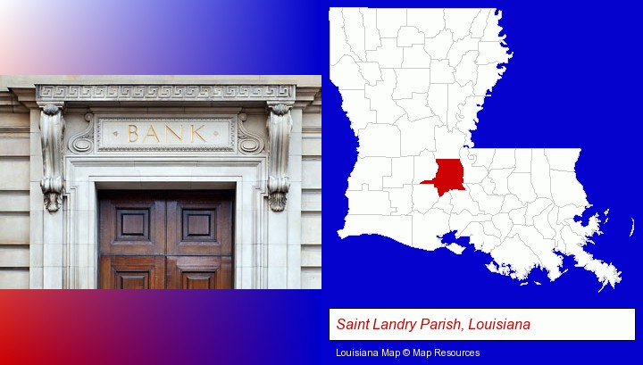 a bank building; Saint Landry Parish, Louisiana highlighted in red on a map