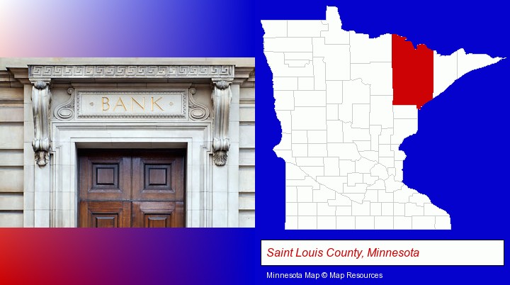 a bank building; Saint Louis County, Minnesota highlighted in red on a map