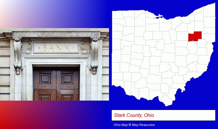 a bank building; Stark County, Ohio highlighted in red on a map