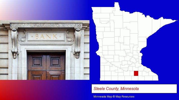 a bank building; Steele County, Minnesota highlighted in red on a map