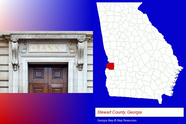a bank building; Stewart County, Georgia highlighted in red on a map