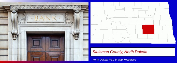 a bank building; Stutsman County, North Dakota highlighted in red on a map