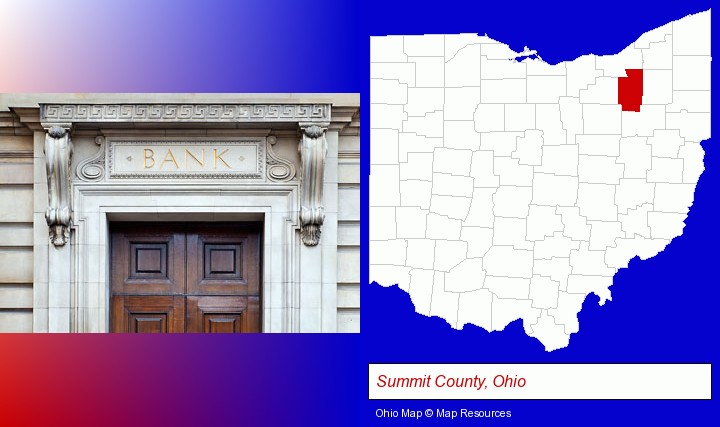 a bank building; Summit County, Ohio highlighted in red on a map