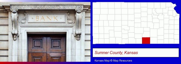 a bank building; Sumner County, Kansas highlighted in red on a map