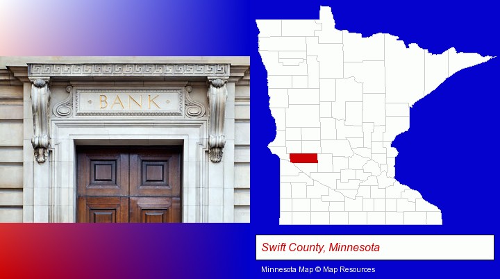 a bank building; Swift County, Minnesota highlighted in red on a map