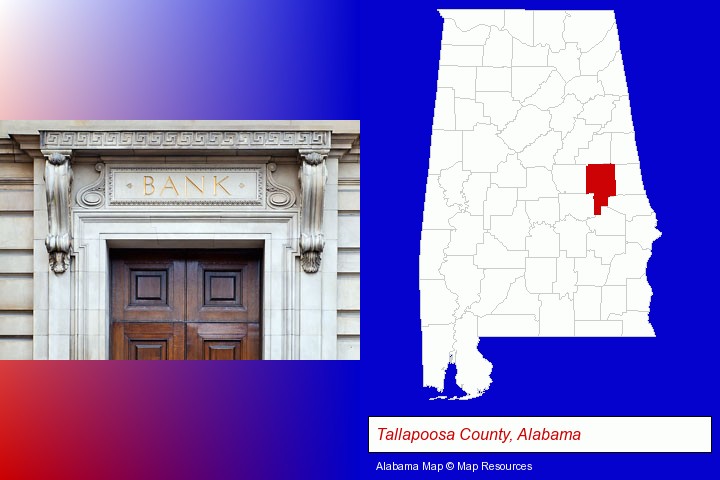a bank building; Tallapoosa County, Alabama highlighted in red on a map