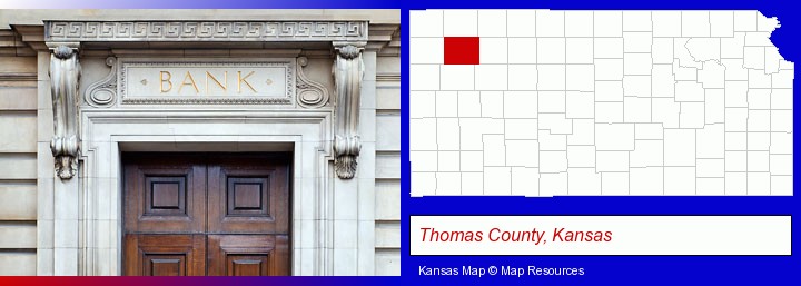 a bank building; Thomas County, Kansas highlighted in red on a map