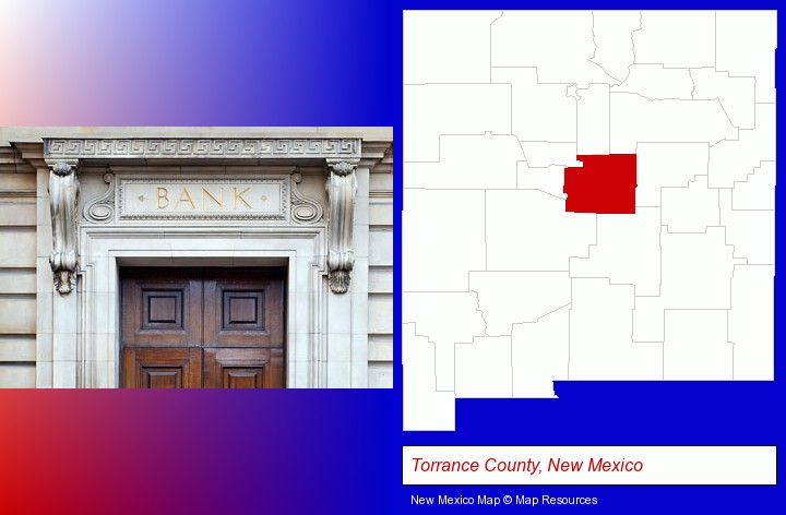 a bank building; Torrance County, New Mexico highlighted in red on a map