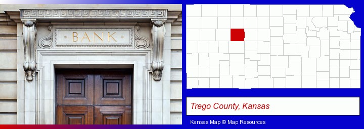 a bank building; Trego County, Kansas highlighted in red on a map