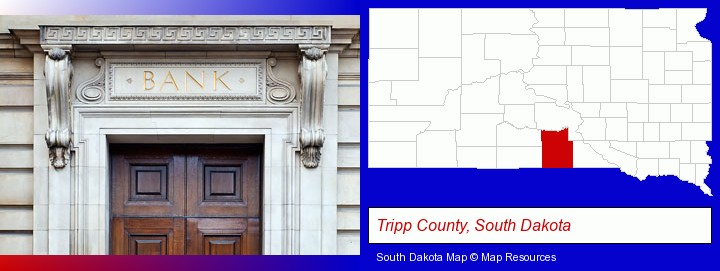 a bank building; Tripp County, South Dakota highlighted in red on a map