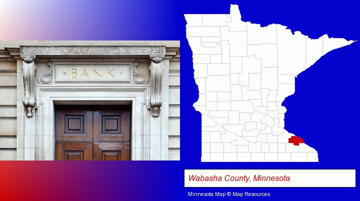 a bank building; Wabasha County, Minnesota highlighted in red on a map
