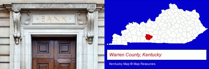 a bank building; Warren County, Kentucky highlighted in red on a map