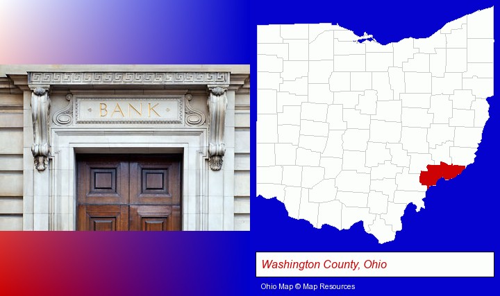 a bank building; Washington County, Ohio highlighted in red on a map
