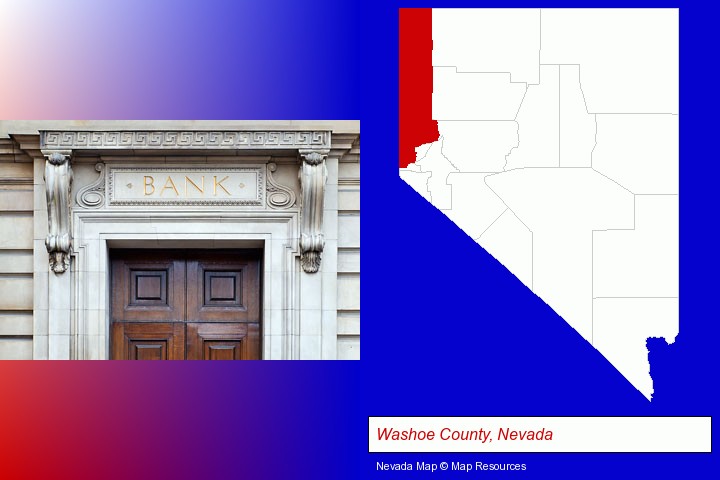 a bank building; Washoe County, Nevada highlighted in red on a map