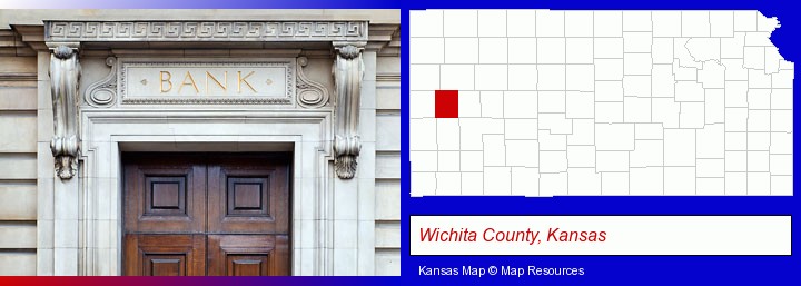 a bank building; Wichita County, Kansas highlighted in red on a map