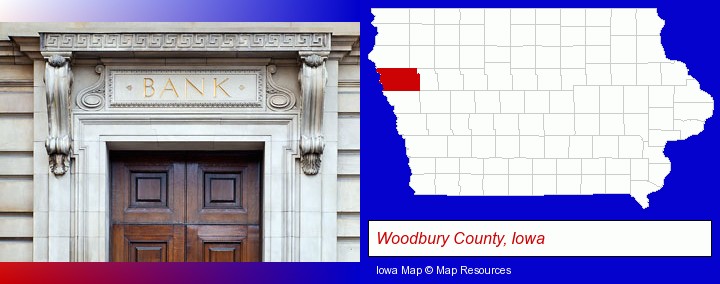a bank building; Woodbury County, Iowa highlighted in red on a map