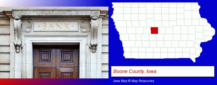 a bank building; Boone County, Iowa highlighted in red on a map